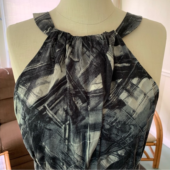 Martin+Osa gray silk abstract brush stroke print halter dress with pockets Sz 12 - Picture 2 of 6